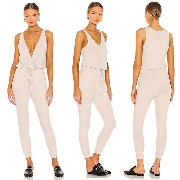 LBLC The Label Samantha High Waisted Ribbed Jumpsuit in Oatmeal Beige Revolve M